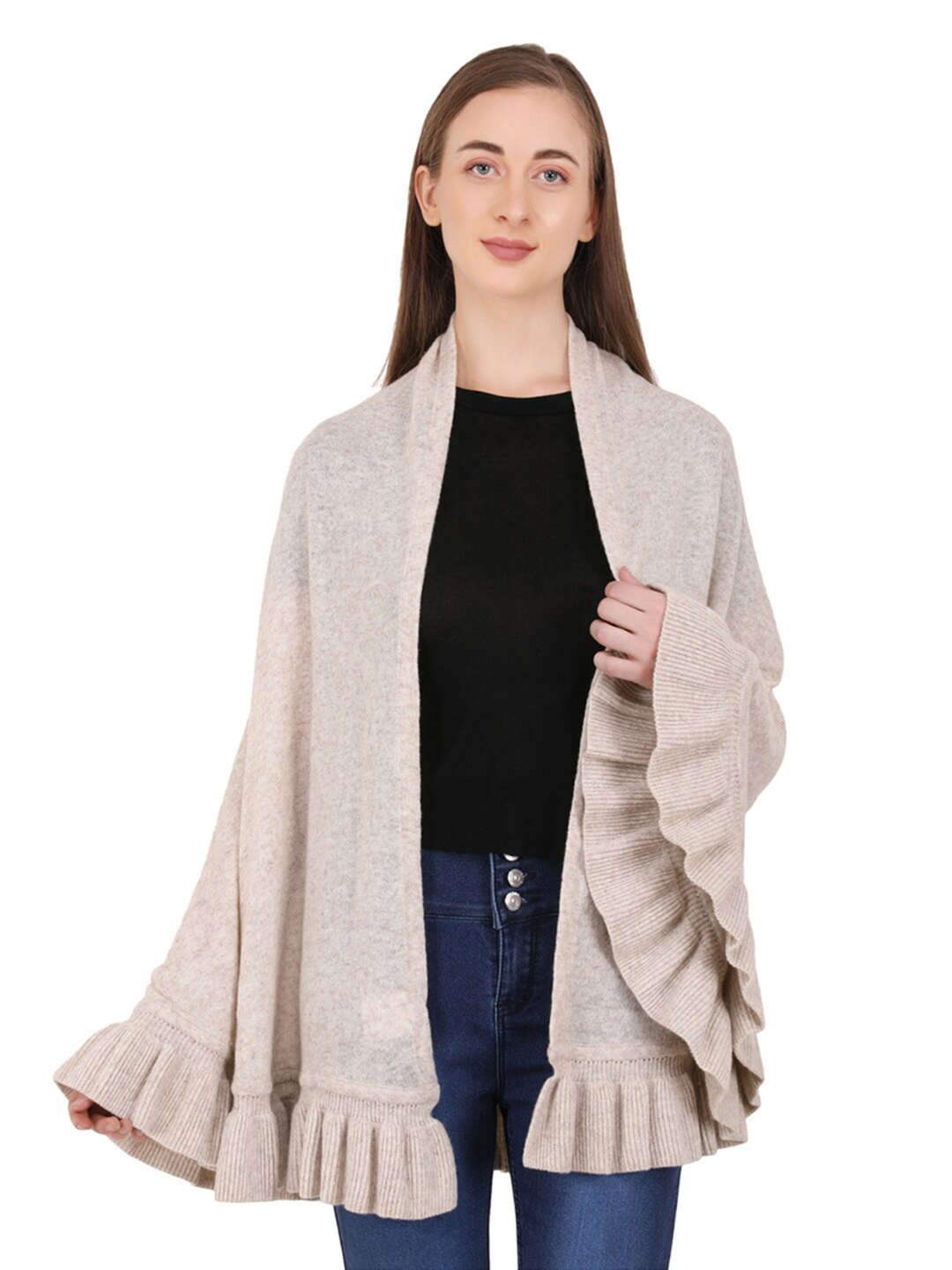 

Pluchi Bell Sleeves Longline Open Front Shurg, Beige