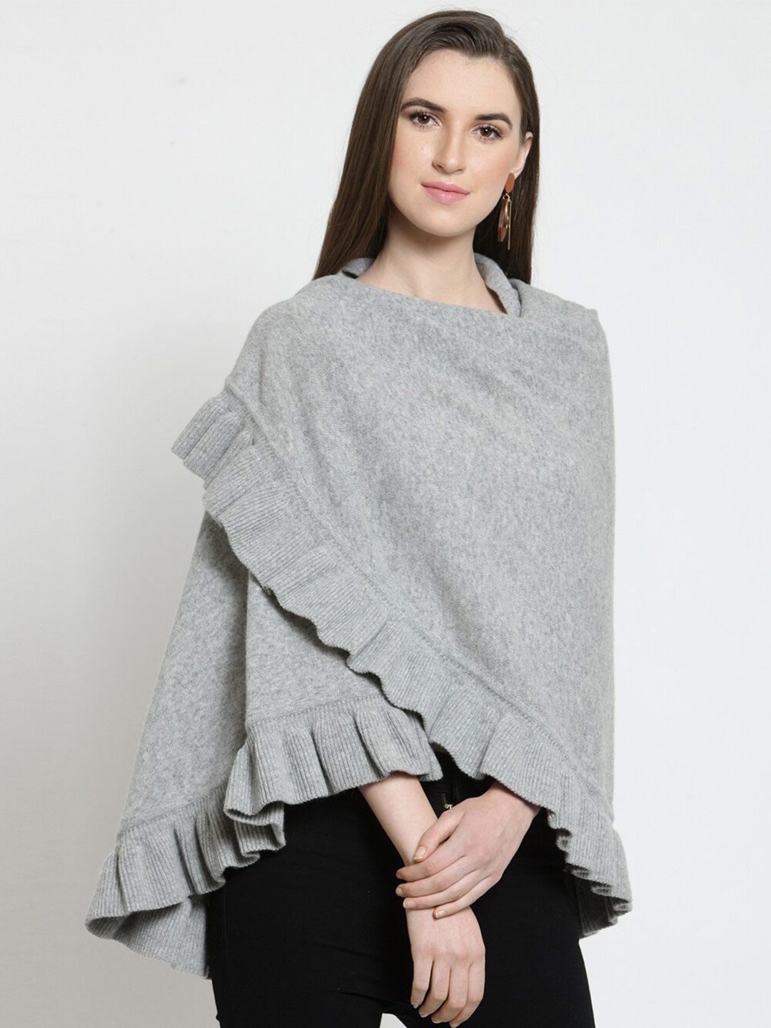 

Pluchi Knitted Asymmetric Ruffle Poncho, Grey