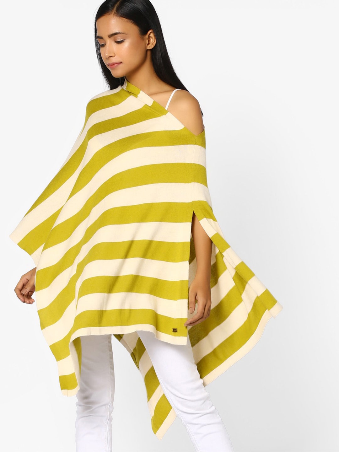 

Pluchi Striped One-Shoulder Cotton Longline Poncho, Green