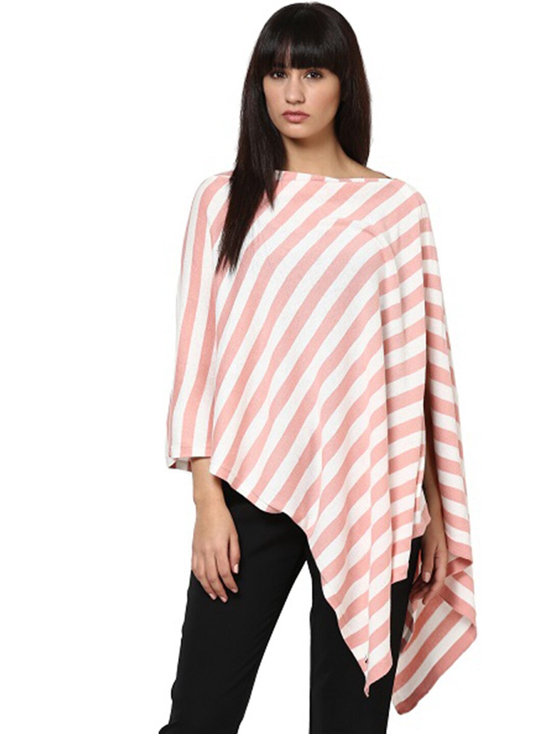 

Pluchi Striped Boat Neck Cotton Longline Poncho, Coral