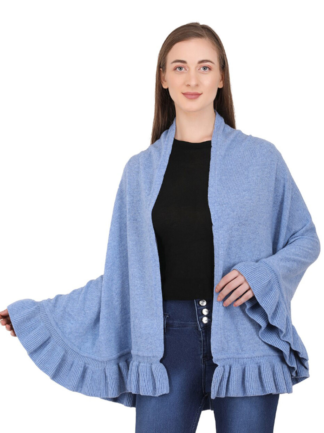 

Pluchi Long Sleeves Open Front Shrug, Blue