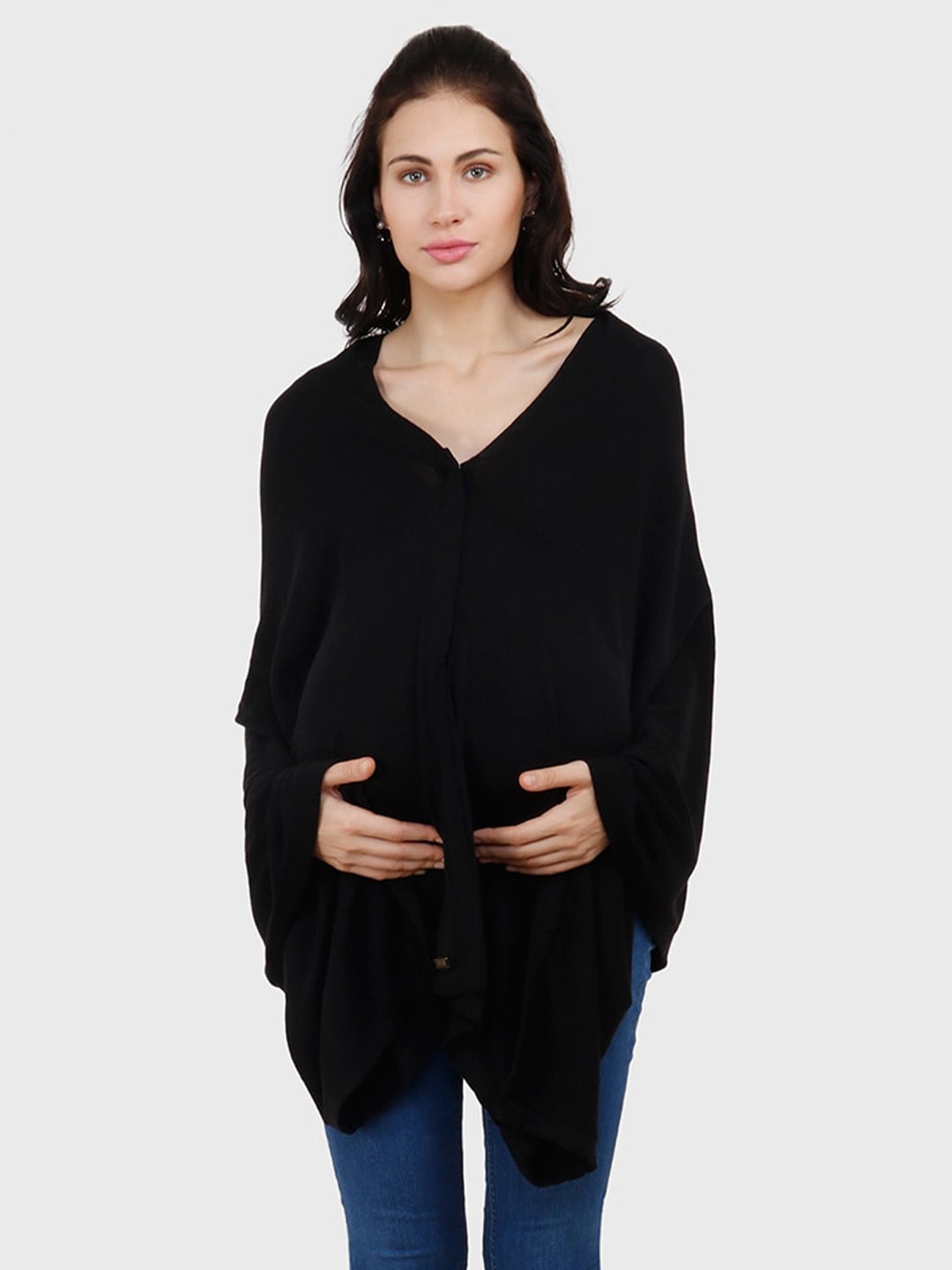 

Pluchi V- Neck Maternity Knitted Cotton Cape Top, Black