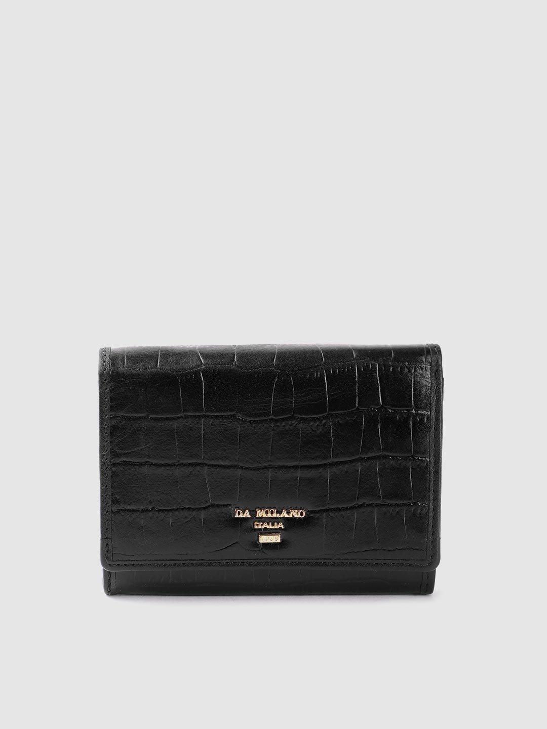 

Da Milano Women Croc Textured Leather Three Fold Wallet, Black