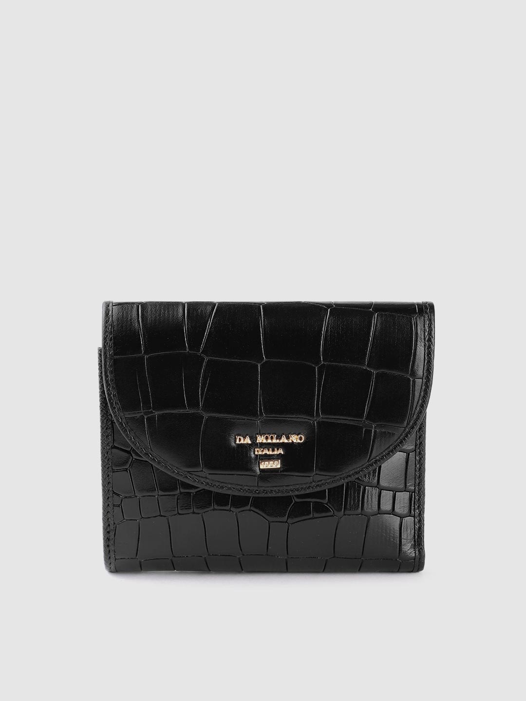 

Da Milano Women Croc Textured Leather Three Fold Wallet, Black