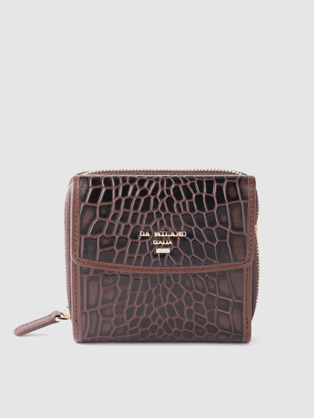 

Da Milano Women Croc Textured Leather Two Fold Wallet, Coffee brown
