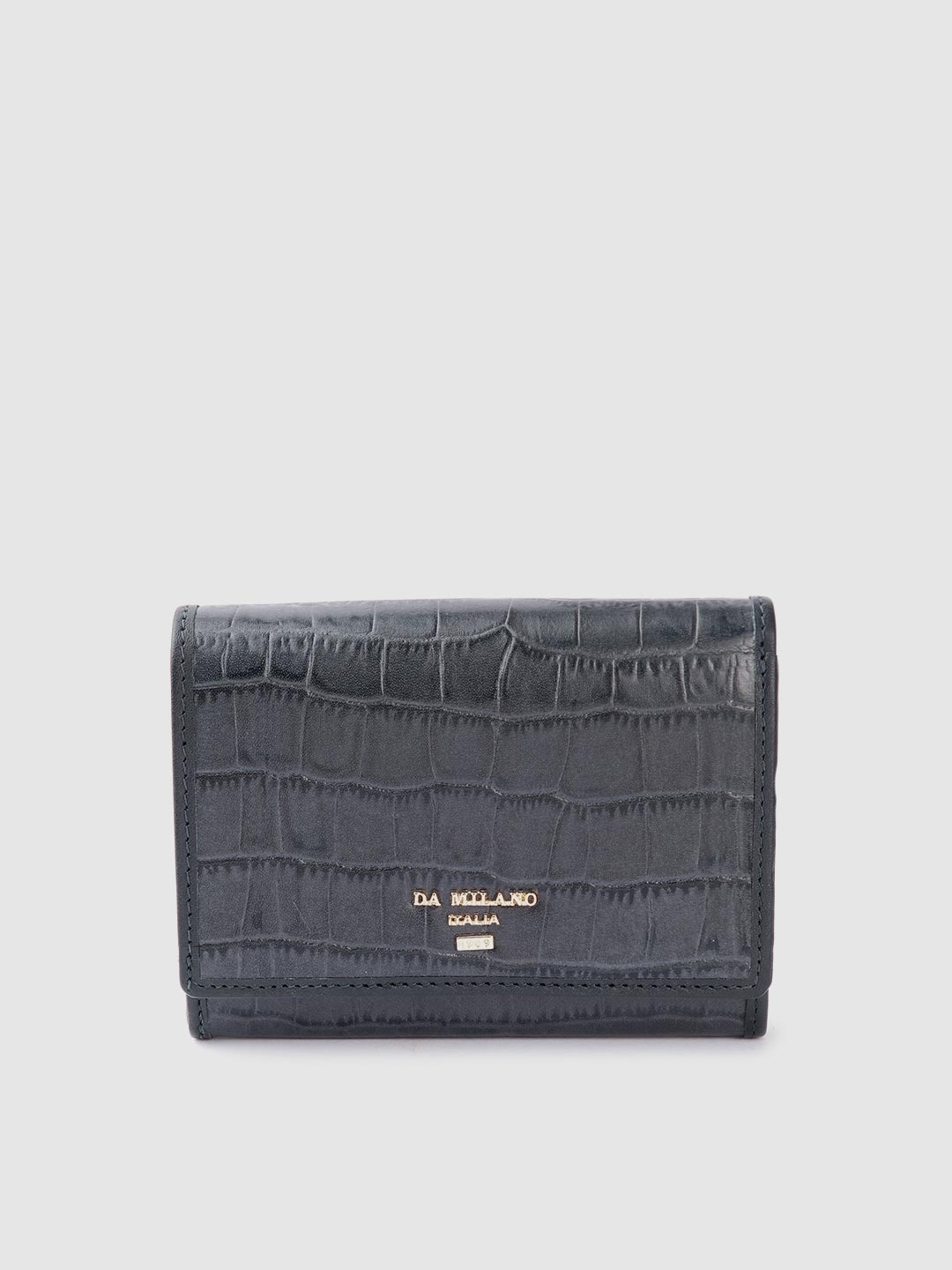 

Da Milano Women Croc Textured Leather Two Fold Wallet, Navy blue
