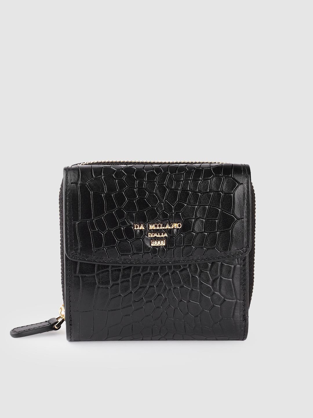 

Da Milano Croc Textured Leather Three Fold Wallet, Black