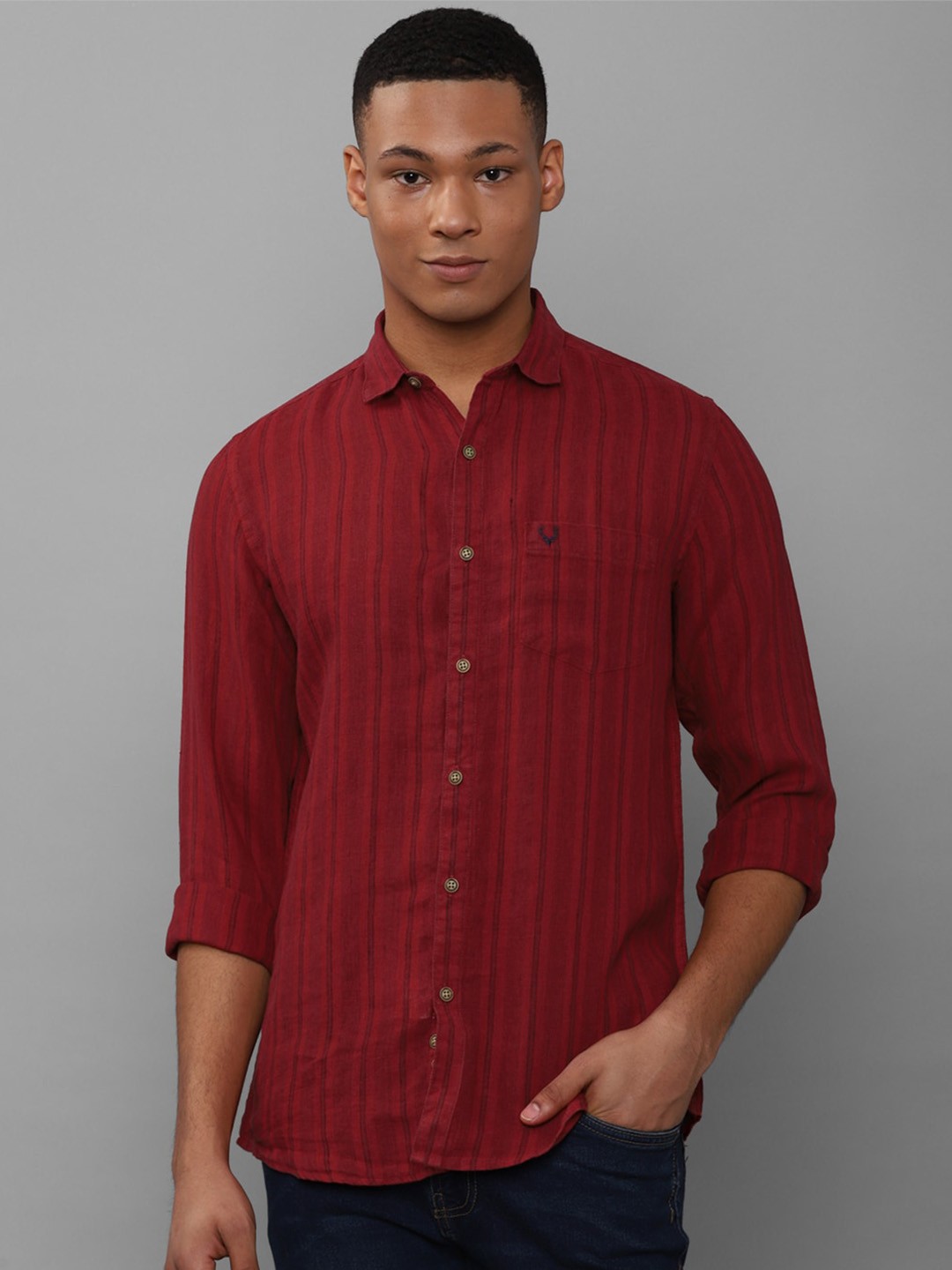 

Allen Solly Slim Fit Opaque Striped Cotton Linen Casual Shirt, Red
