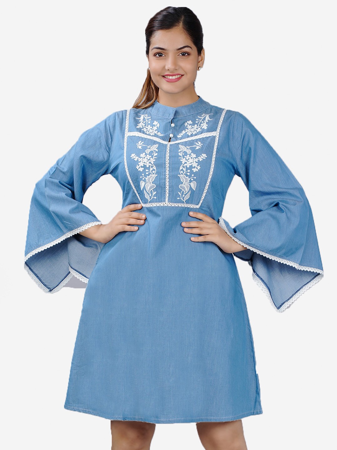 

SUMAVI-FASHION Floral Embroidered Mandarin Collar Flared Sleeves Cotton Denim A-Line Dress, Blue