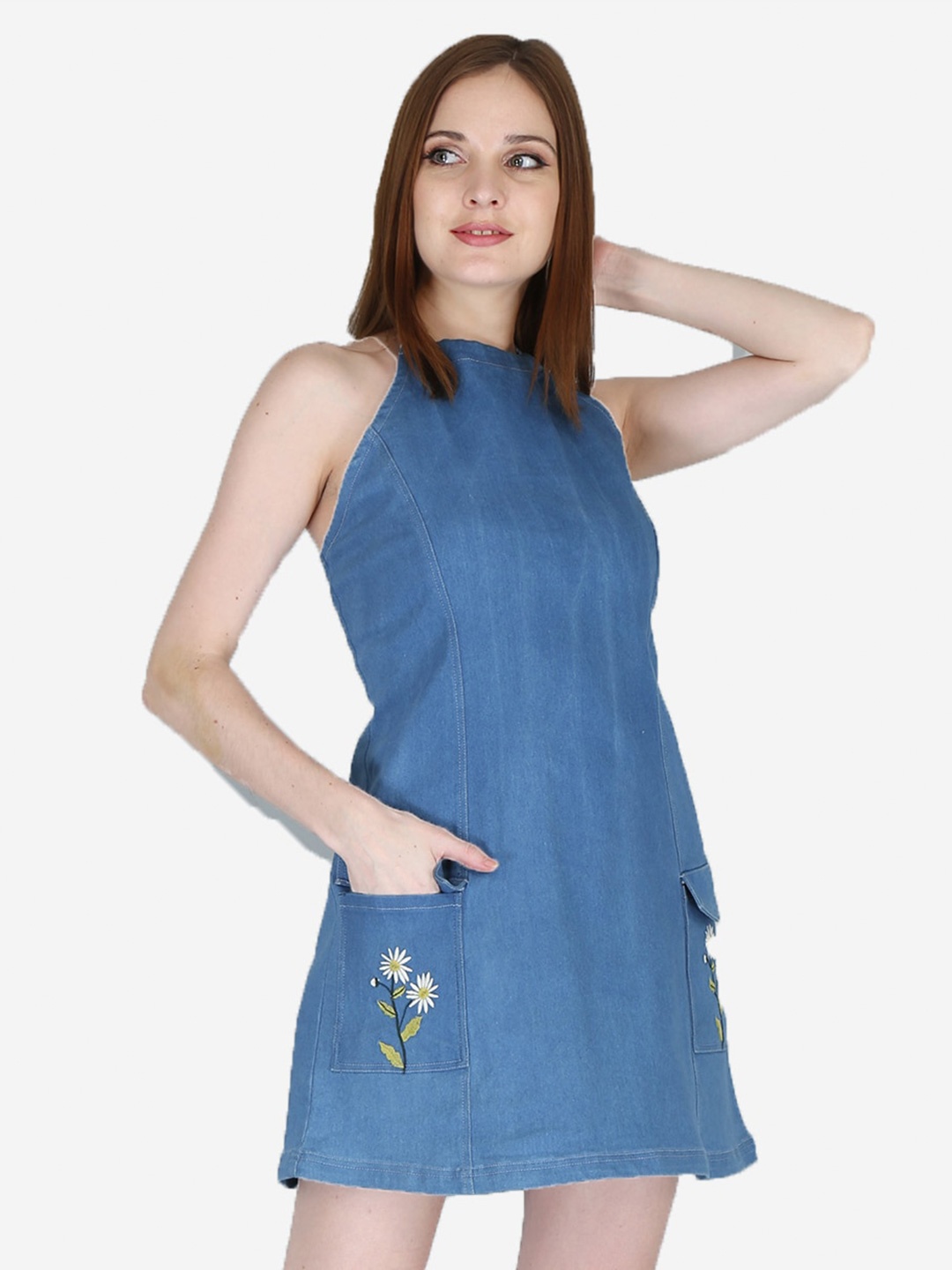 

SUMAVI-FASHION Halter Neck Embroidered Detail Cotton Denim A-Line Mini Dress, Blue