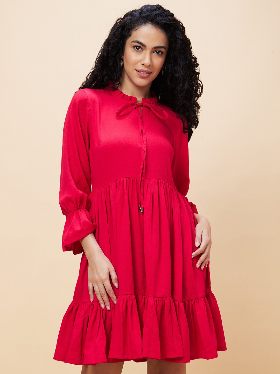 

Globus Tie-Up Neck Bell Sleeve Fit & Flare Dress, Red