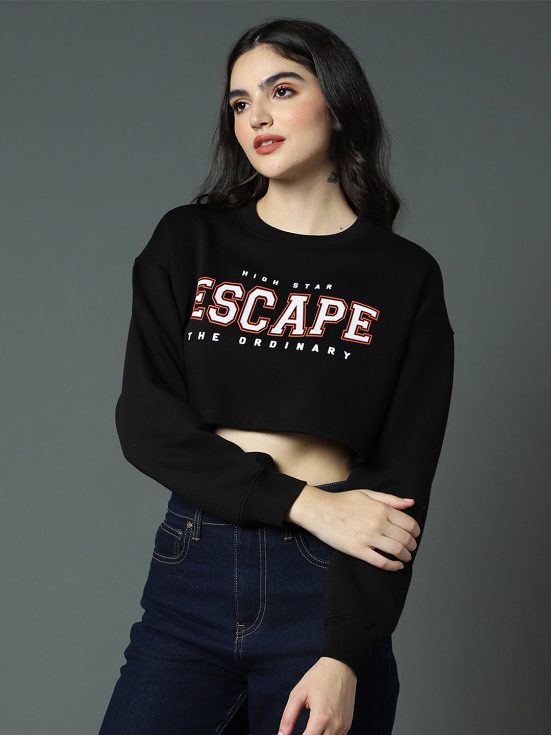 

High Star Typography Printed Full Sleeves Crop Sweatshirt, Black
