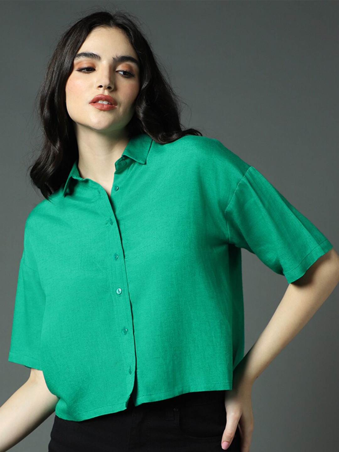 

High Star Classic Boxy Opaque Pure Cotton Casual Shirt, Green