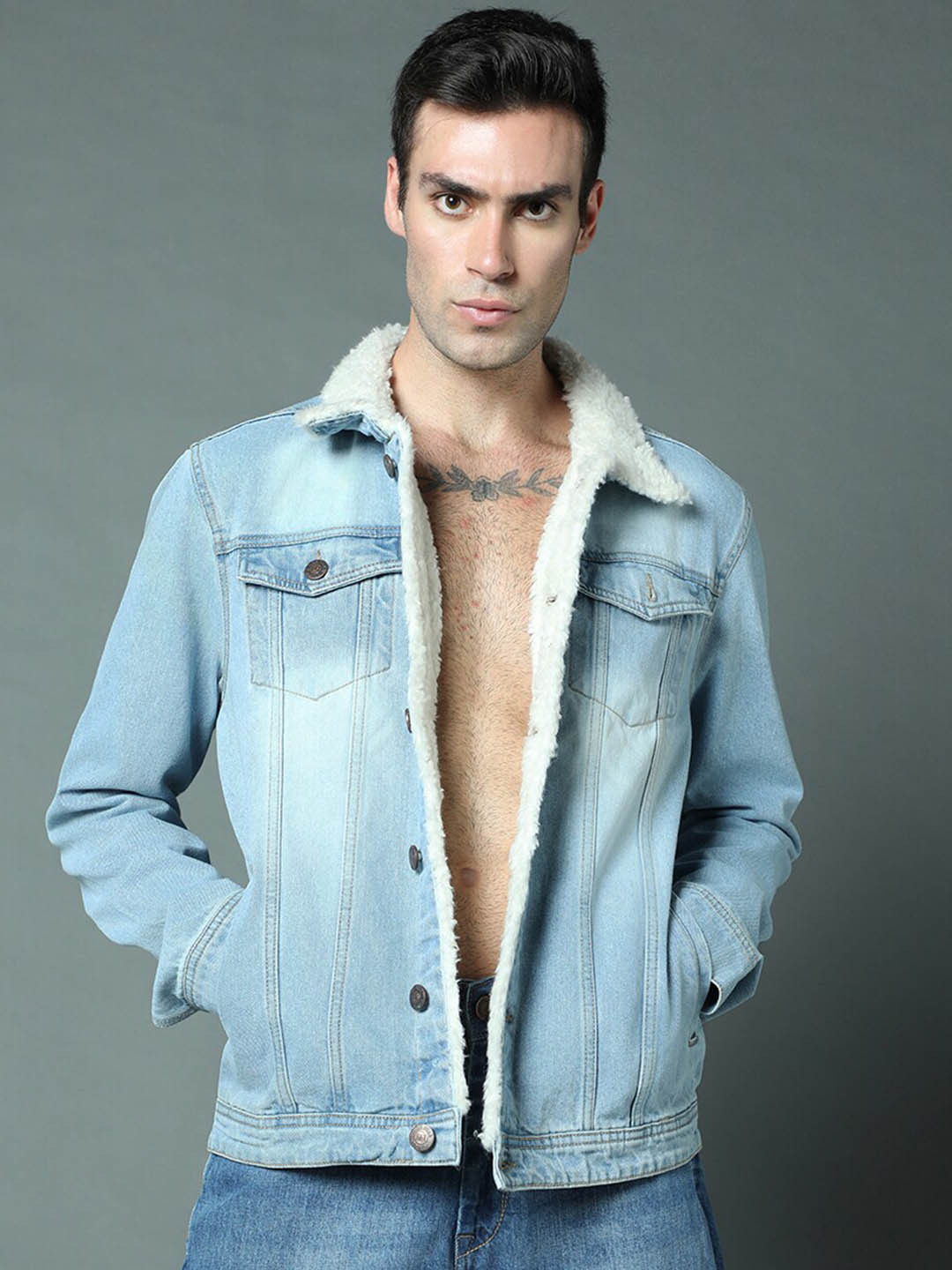 

High Star Spread Collar Faux Fur Trim Detail Cotton Denim Jacket, Blue