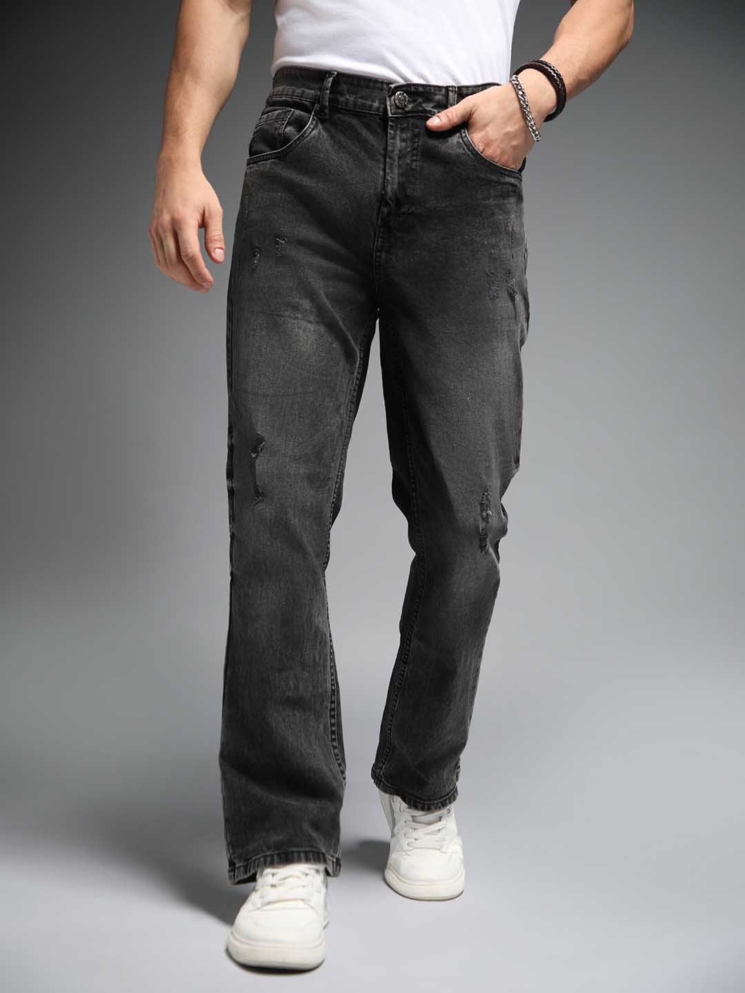 

High Star Men Wide Leg Mid-Rise Low Distress Heavy Fade Stretchable Jeans, Black