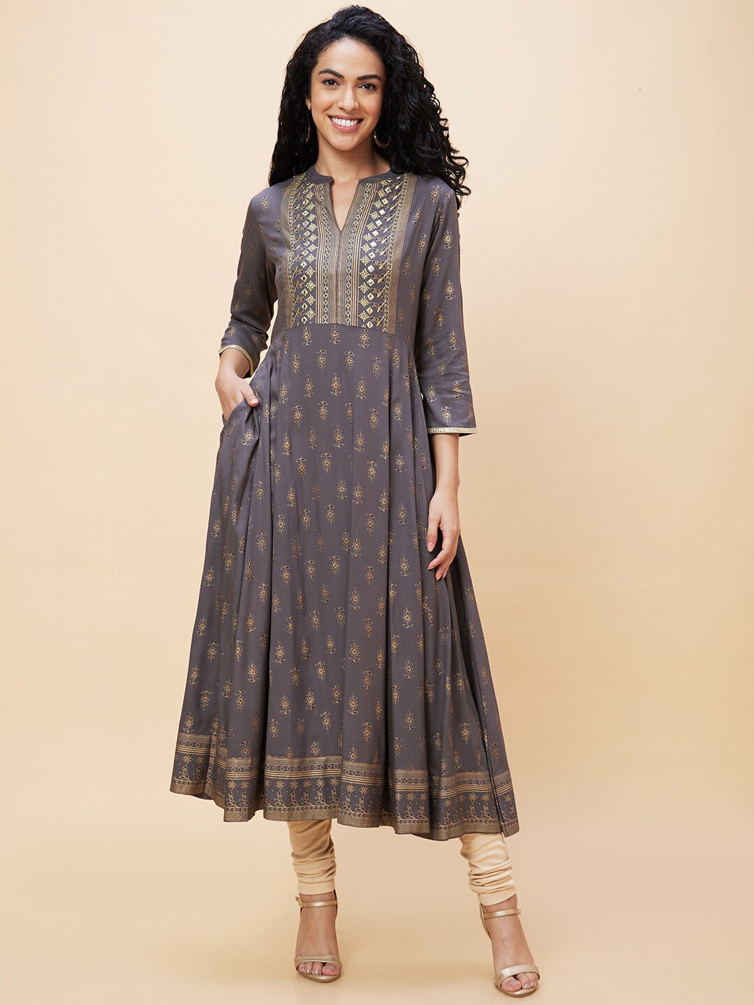 

Globus Embroidered Mirror Work Indie Prints Anarkali Kurta, Taupe