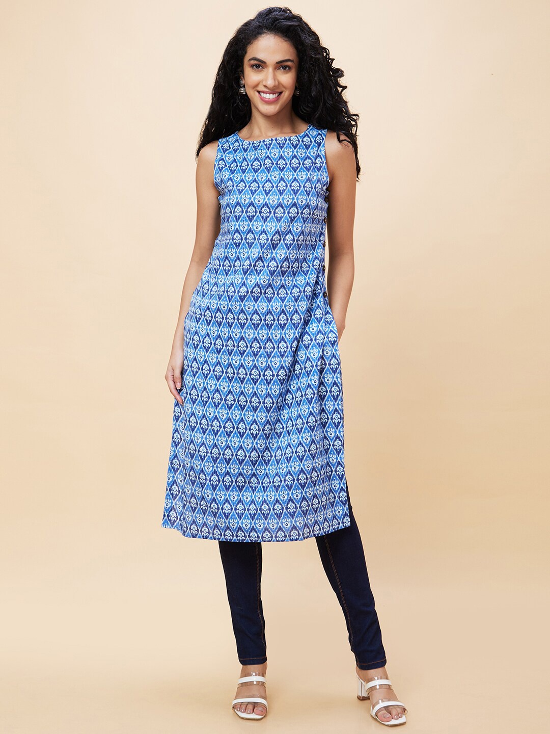 Globus Ethnic Motif Printed Cotton Kurta, Blue