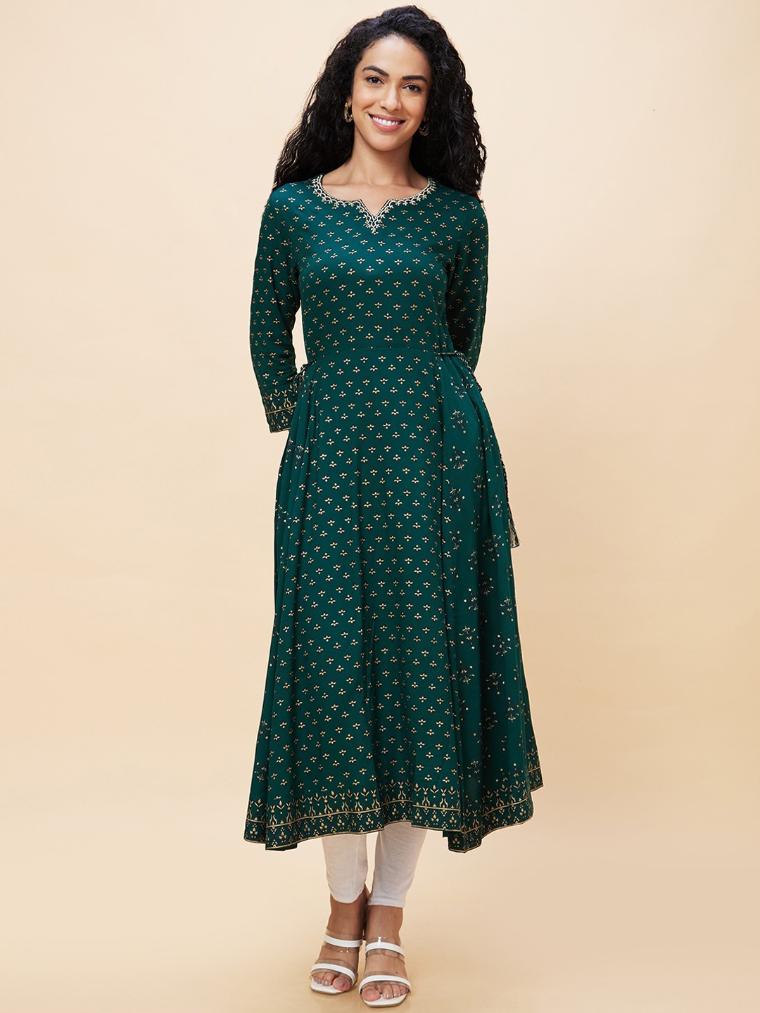Globus Ethnic Motifs Printed Tie-Up A-Line Kurta, Green