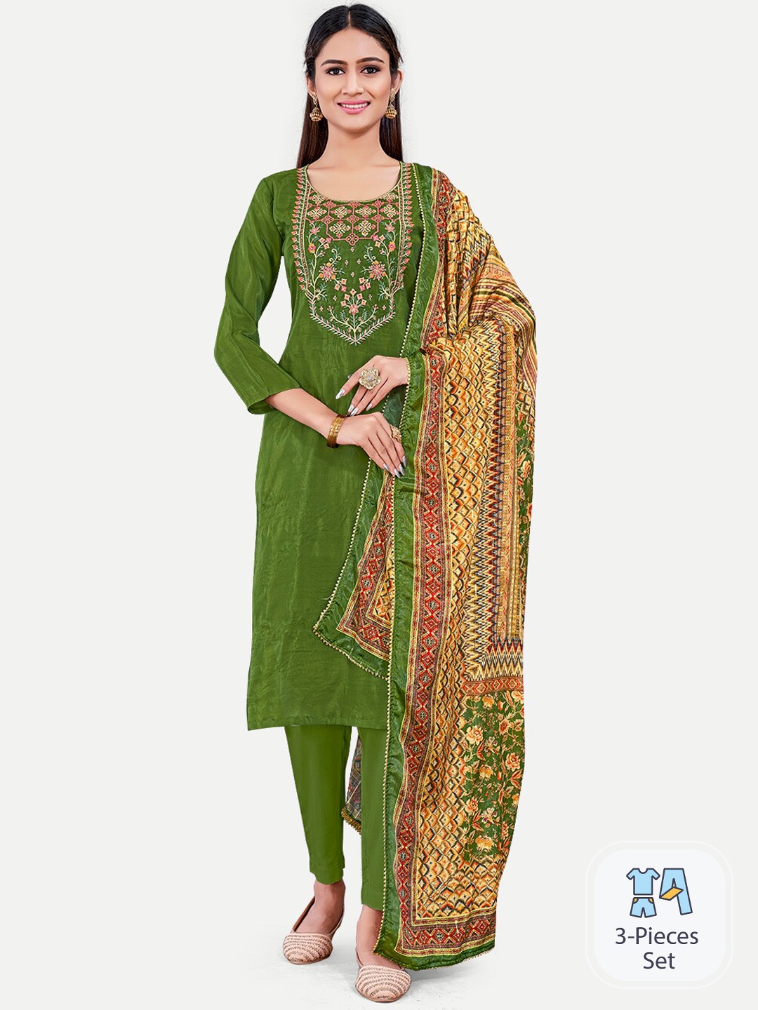 

Riti Floral Yoke Design Pure Silk Kurta with Trousers & Dupatta, Green