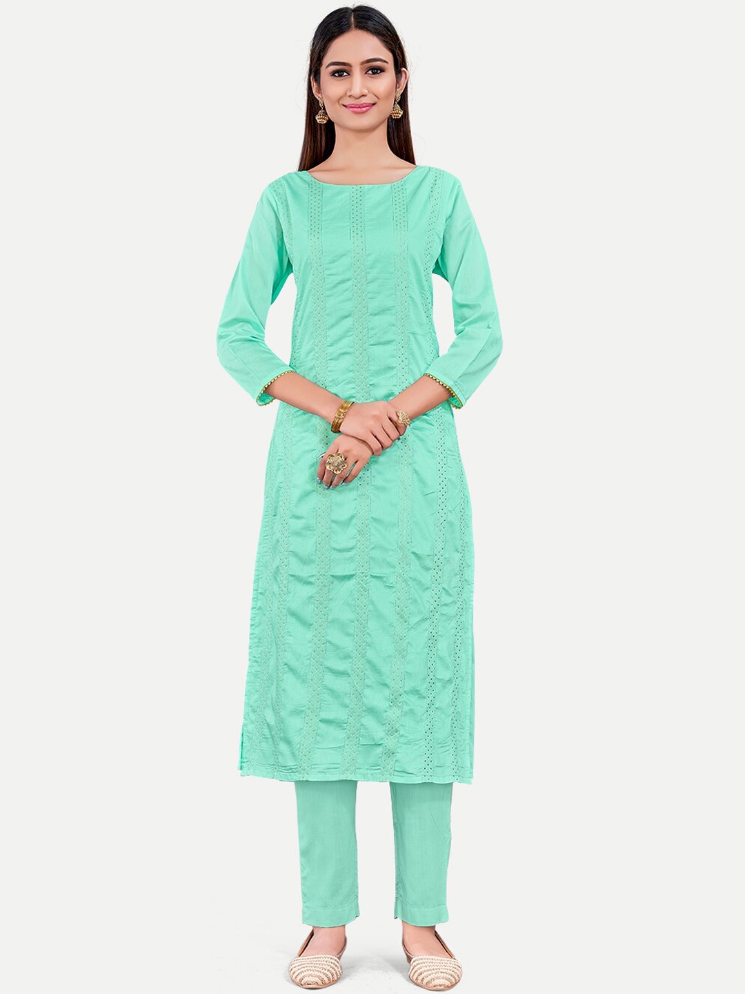 Riti Striped Woven Design Chanderi Silk Kurta with Trousers, Turquoise blue