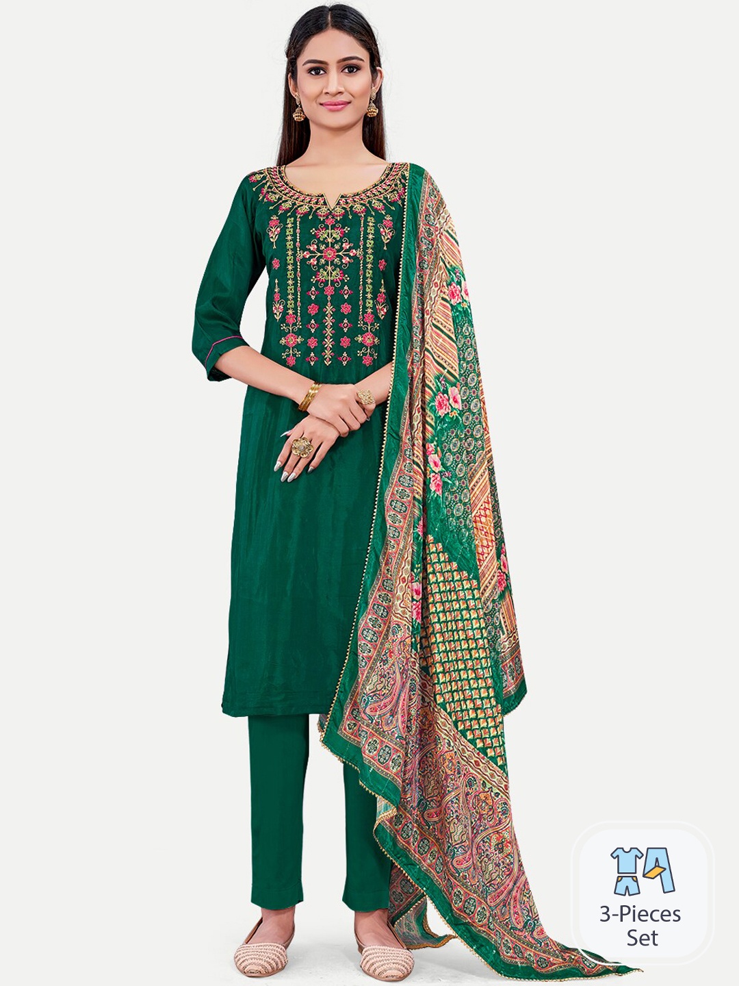 

Riti Floral Embroidered Regular Kurta with Trousers & With Dupatta, Green