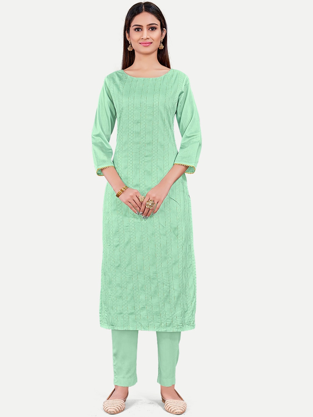 

Riti Striped Woven Design Chanderi Silk Kurta with Trousers, Sea green