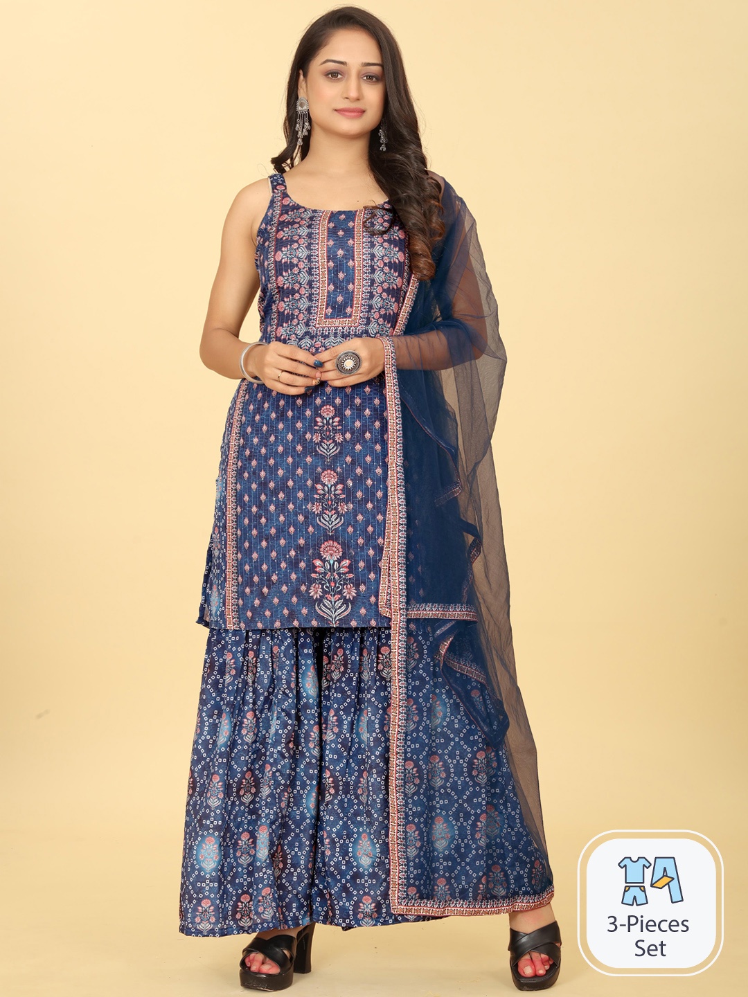 

Riti Ethnic Motifs Printed Regular Sequinned Kurta with Sharara & Dupatta, Blue