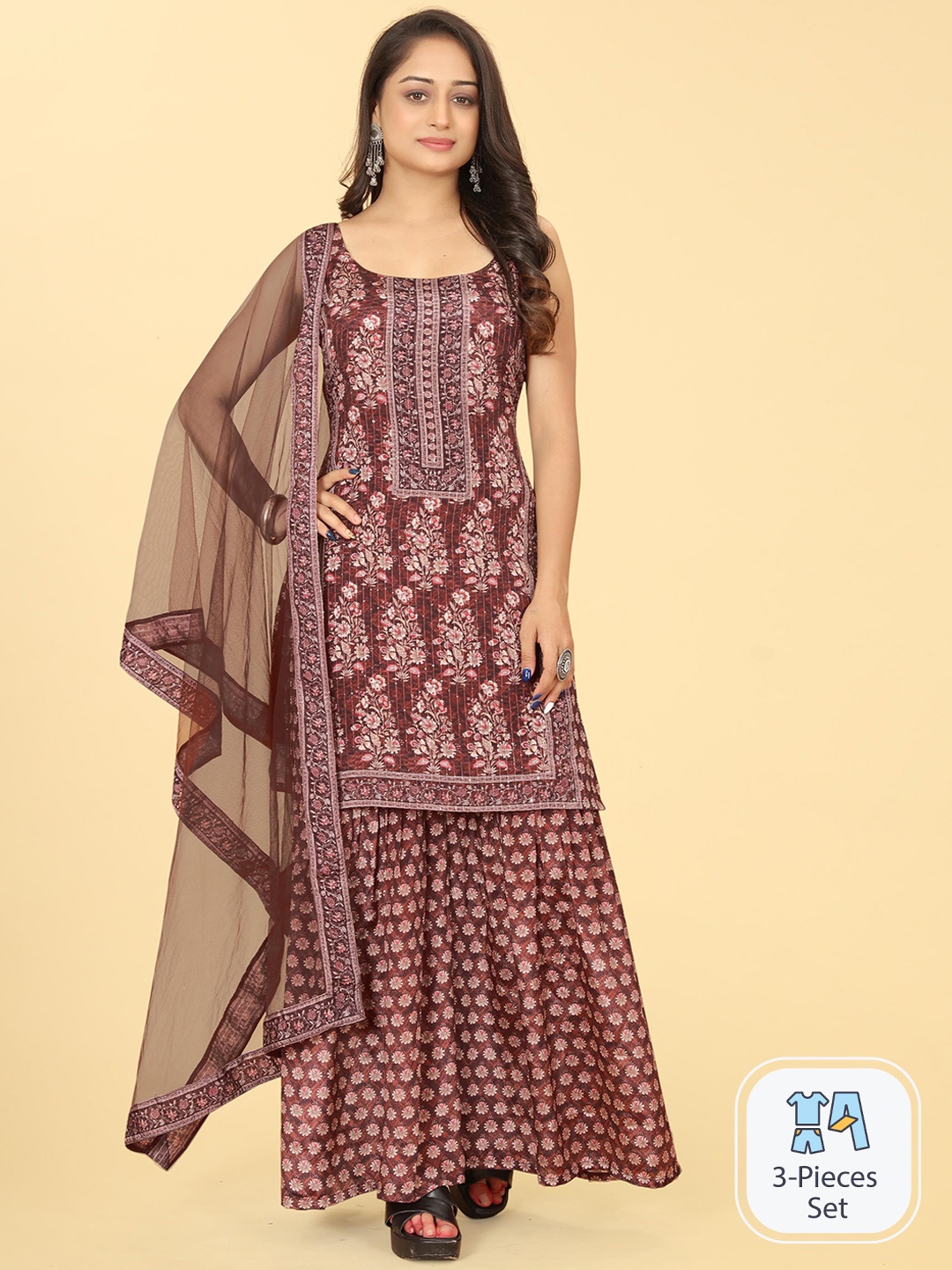 

Riti Ethnic Motifs Printed Regular Kurta With Sharara & Dupatta, Coffee brown