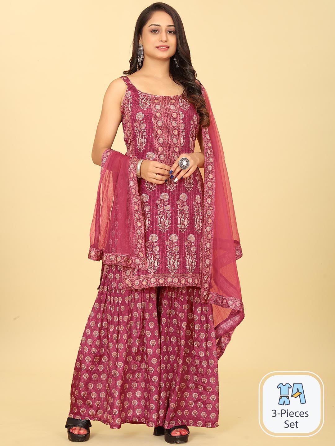 

Riti Ethnic Motifs Printed Regular Kurta with Sharara & Dupatta, Maroon