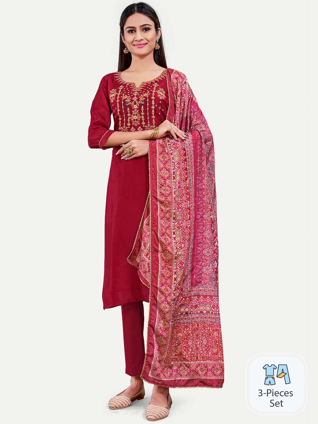

Riti Ethnic Motifs Embroidered Regular Pure Silk Kurta With Trousers & Dupatta, Maroon