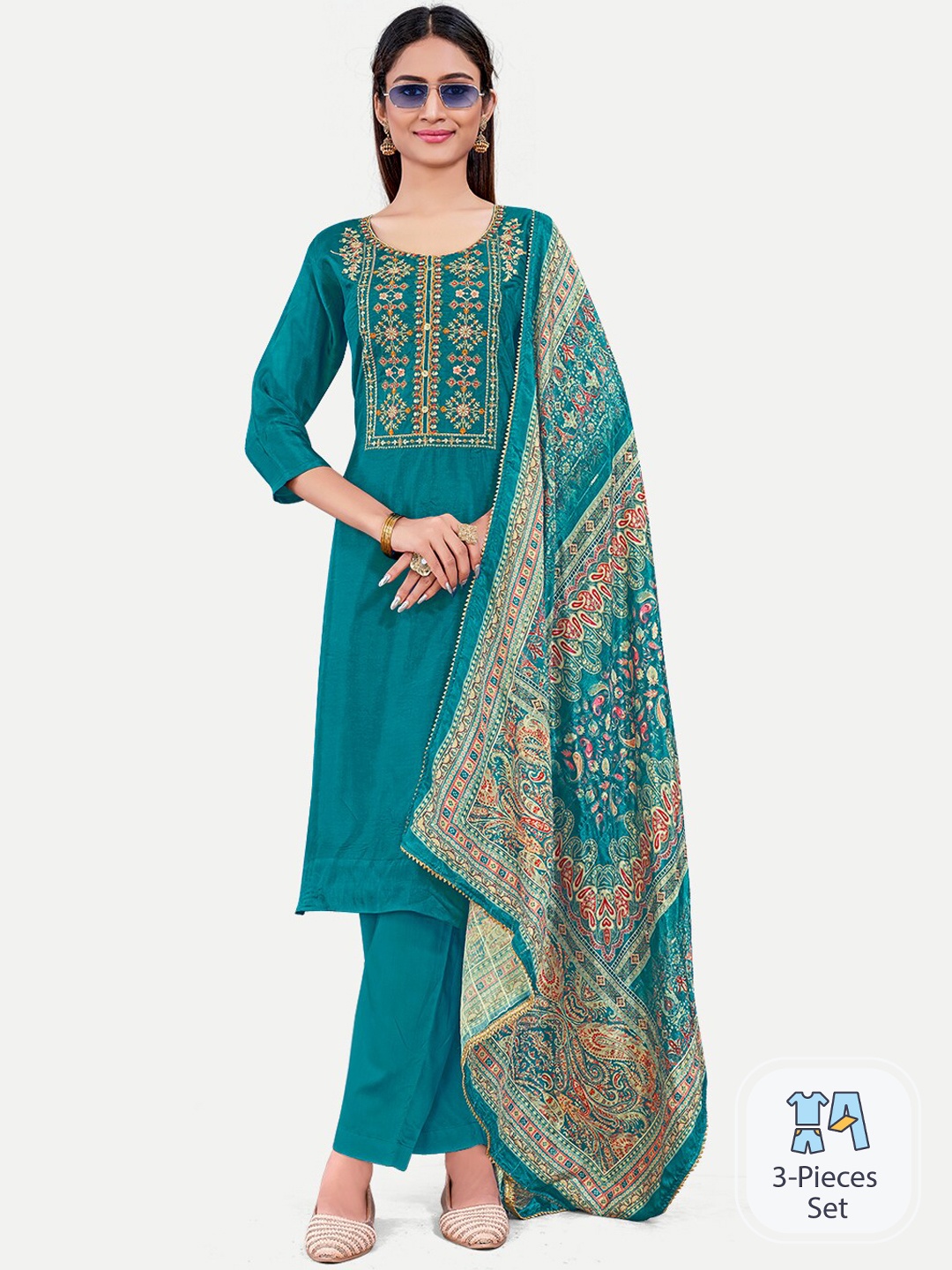 

Riti Floral Yoke Design Regular Pure Silk Kurta with Trousers & Dupatta, Teal