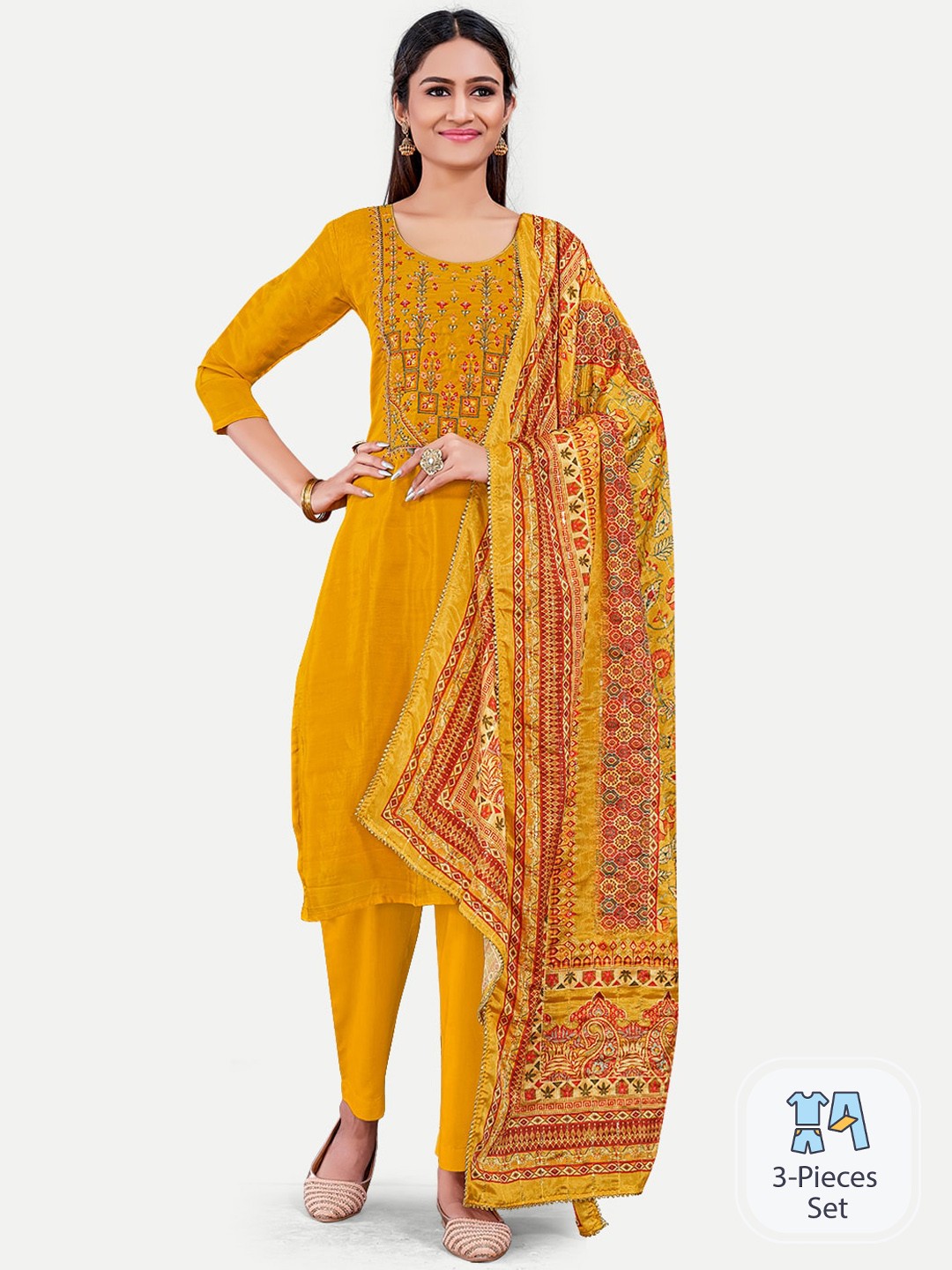 

Riti Embroidered Regular Kurta with Trousers & With Dupatta, Mustard
