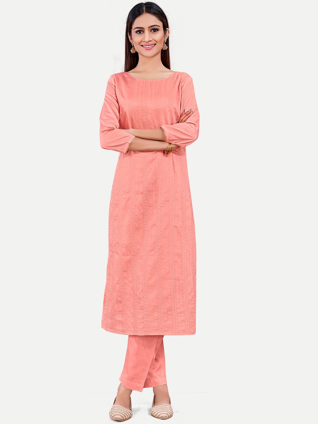 

Riti Striped Woven Design Chanderi Silk Kurta with Trousers, Rust