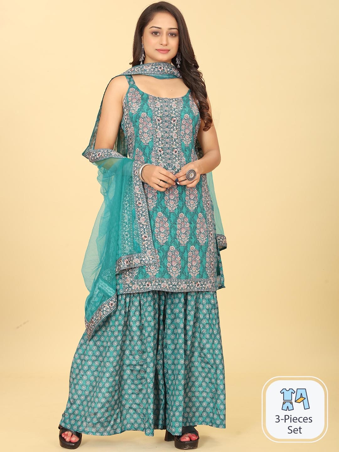 

Riti Floral Printed Shoulder Strap Regular Kurta with Sharara & With Dupatta, Turquoise blue