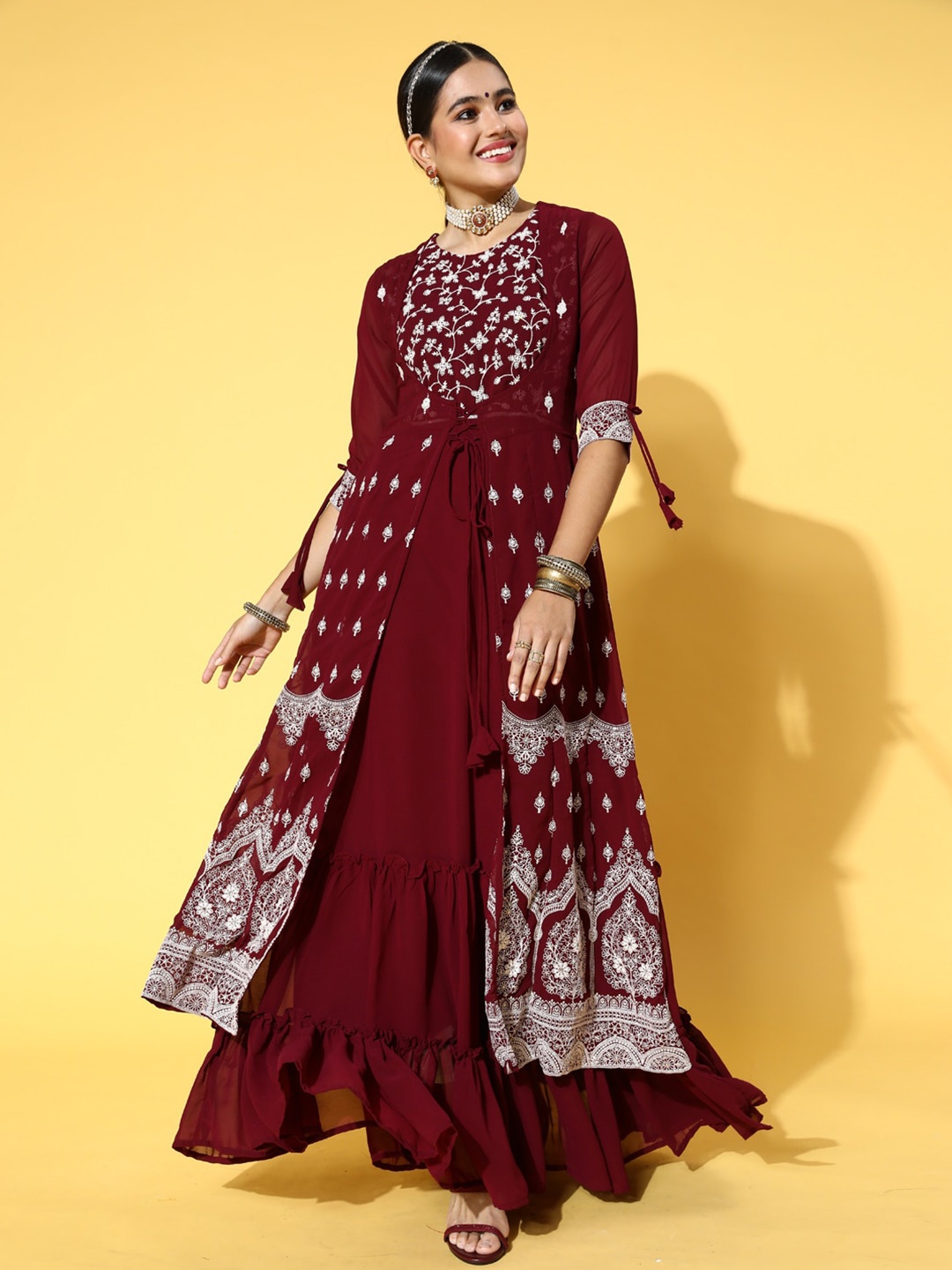 

Sangria Ethnic Motifs Embroidered Layered Georgette Maxi Ethnic Dress, Maroon