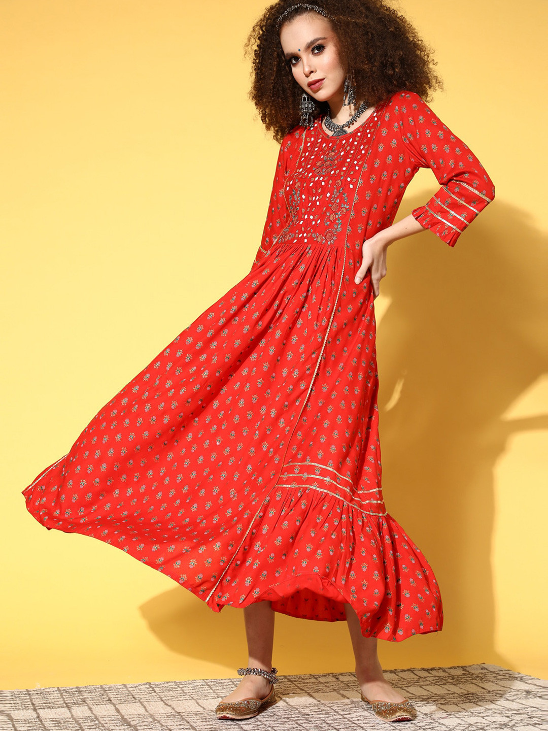 

Sangria Red Ethnic Motifs Printed Embellished A-Line Maxi Ethnic Dress
