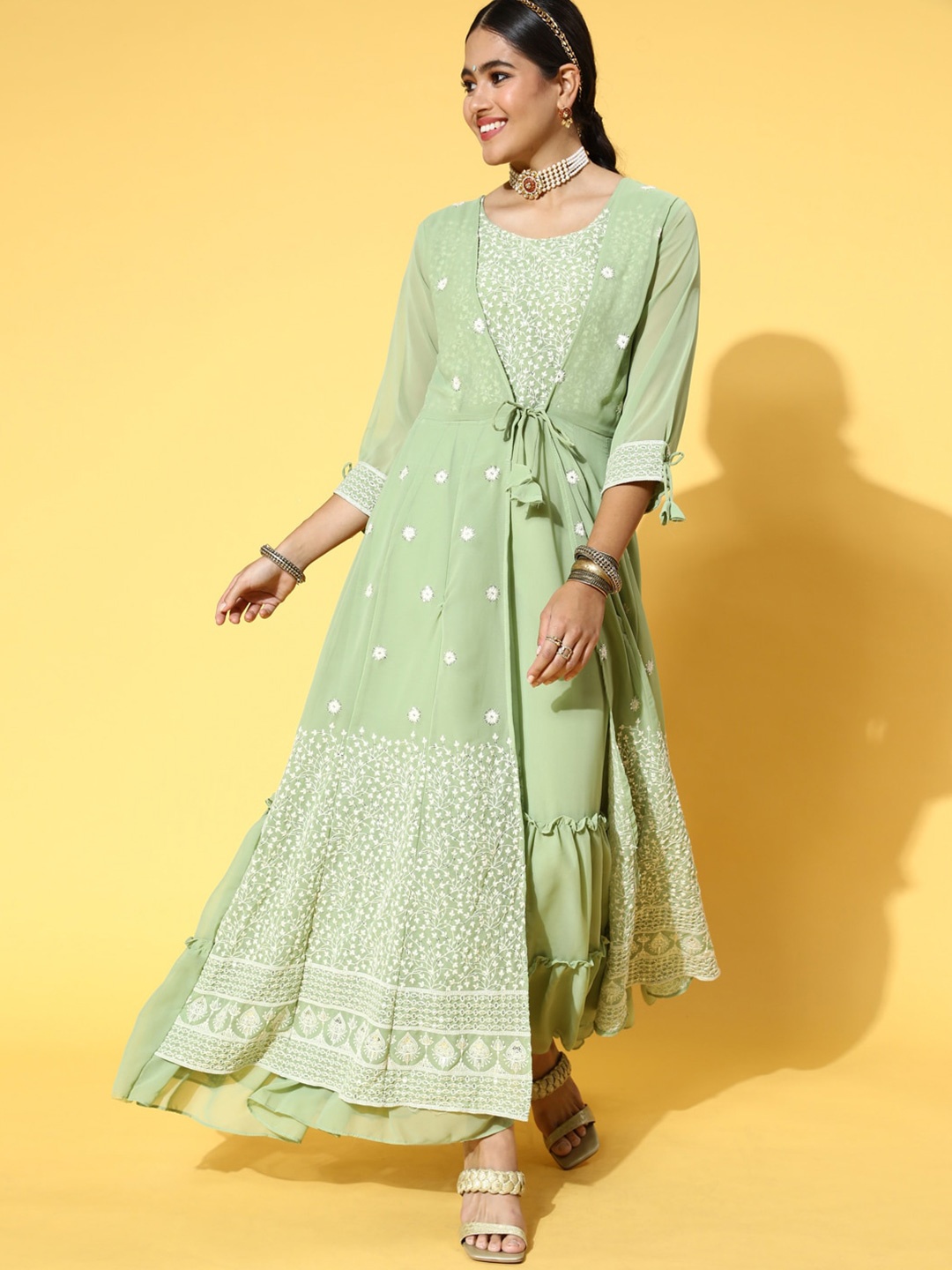 Sangria Floral Embroidered Layered Tiered Maxi Ethnic Dress, Green