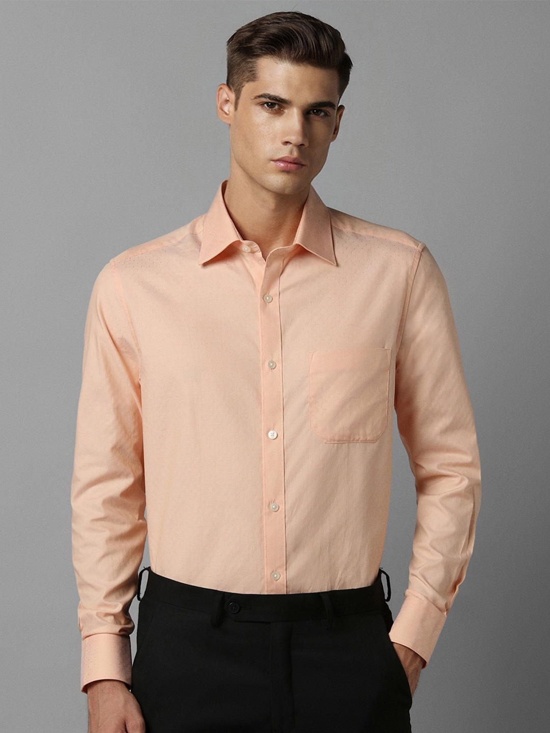 

Louis Philippe Spread Collar Chest Pocket Pure Cotton Formal Shirt, Peach