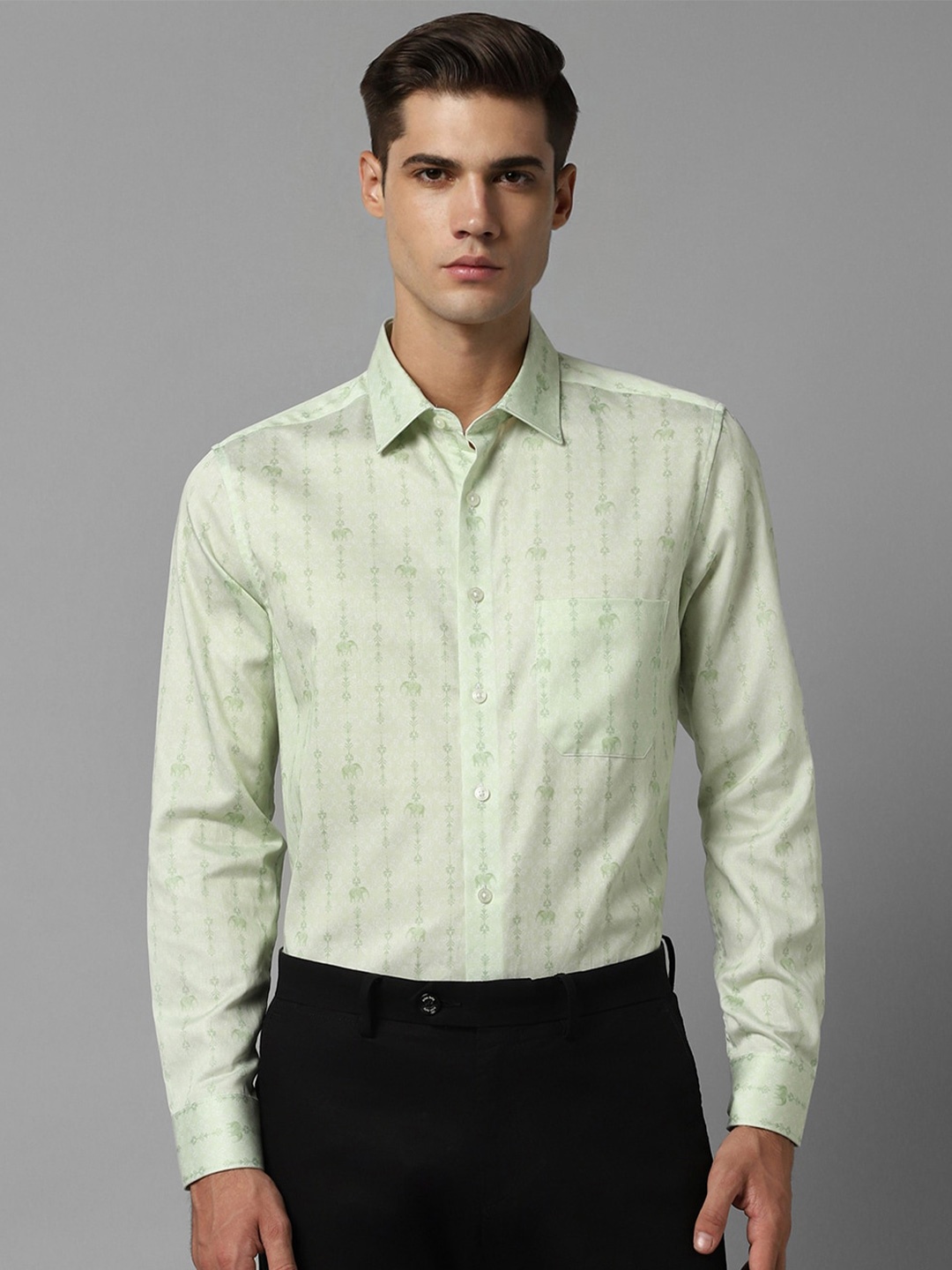 

Louis Philippe Slim Fit Ethnic Motifs Printed Pure Cotton Formal Shirt, Green