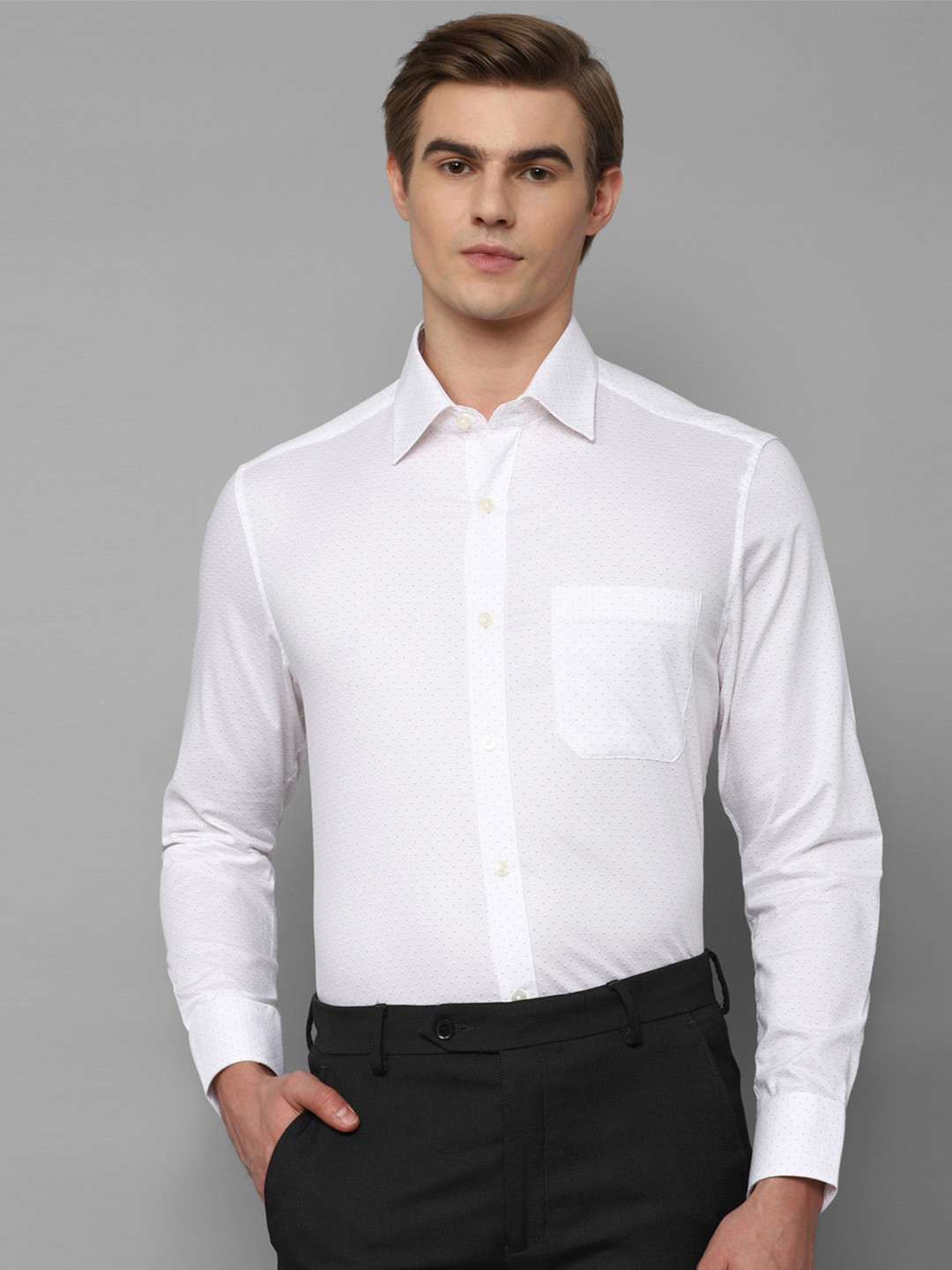 

Louis Philippe Micro Ditsy Printed Spread Collar Chest Pocket Pure Cotton Formal Shirt, White