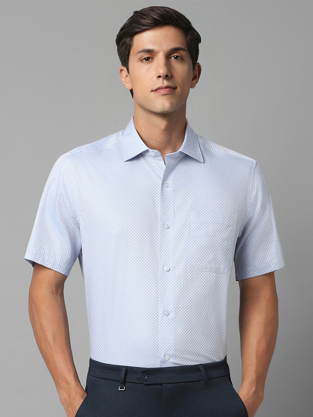 

Louis Philippe Textured Self Design Spread Collar Chest Pocket Pure Cotton Formal Shirt, Blue