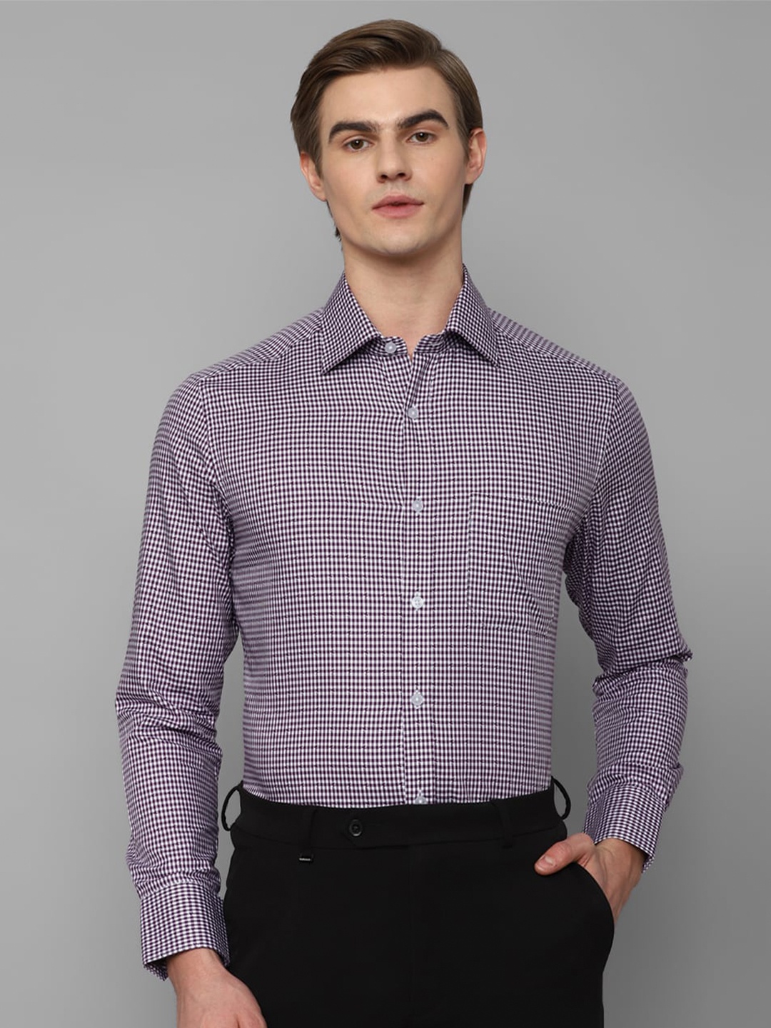 

Louis Philippe Slim Fit Micro Checked Spread Collar Pure Cotton Formal Shirt, Purple
