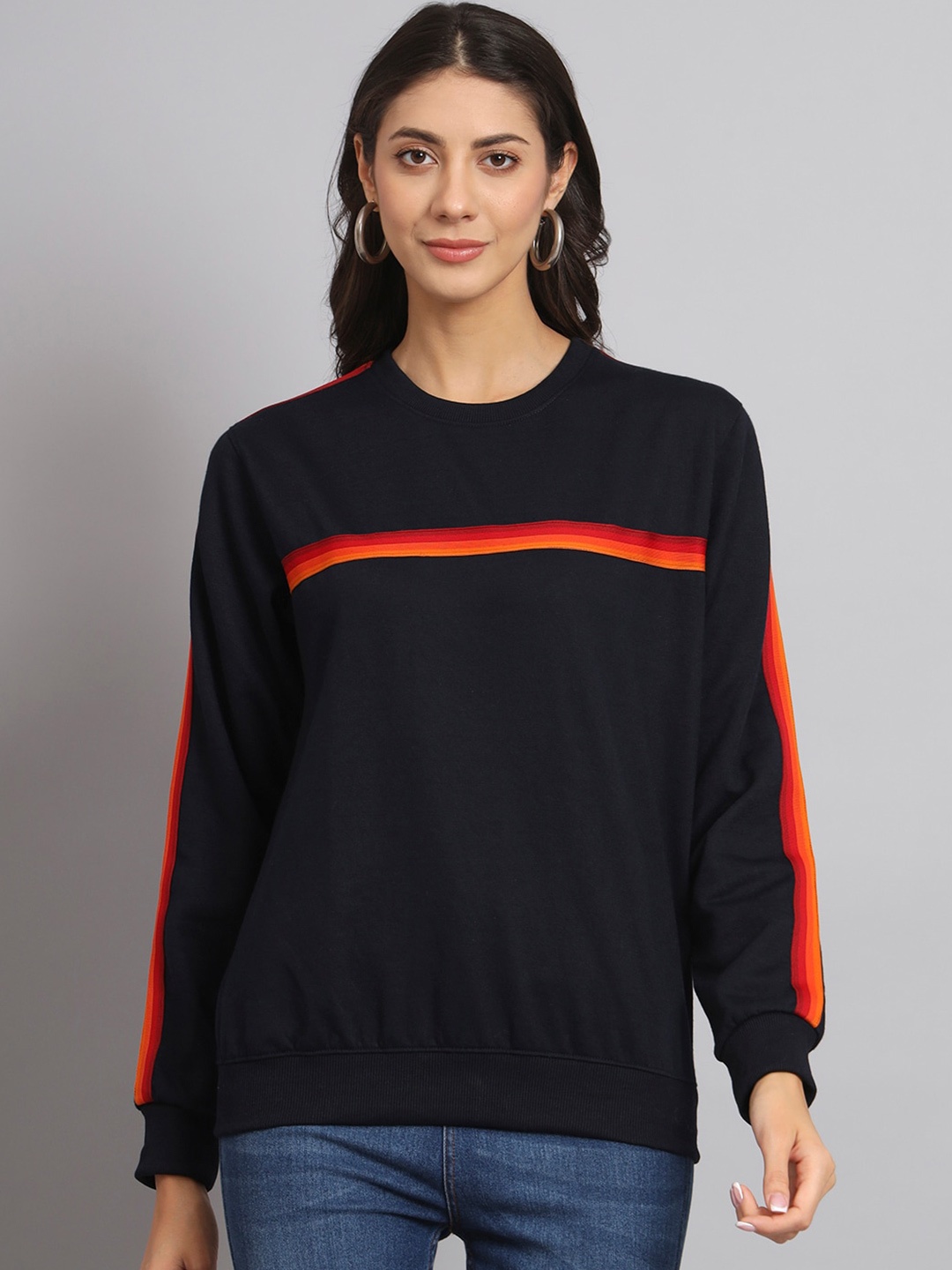 

Obaan Striped Ribbed Cotton Sweatshirt, Navy blue