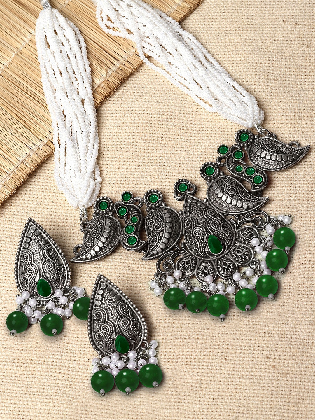 

KARATCART Sliver-Plated Stone-Studded & Beaded Oxidised Jewellery Set, Green