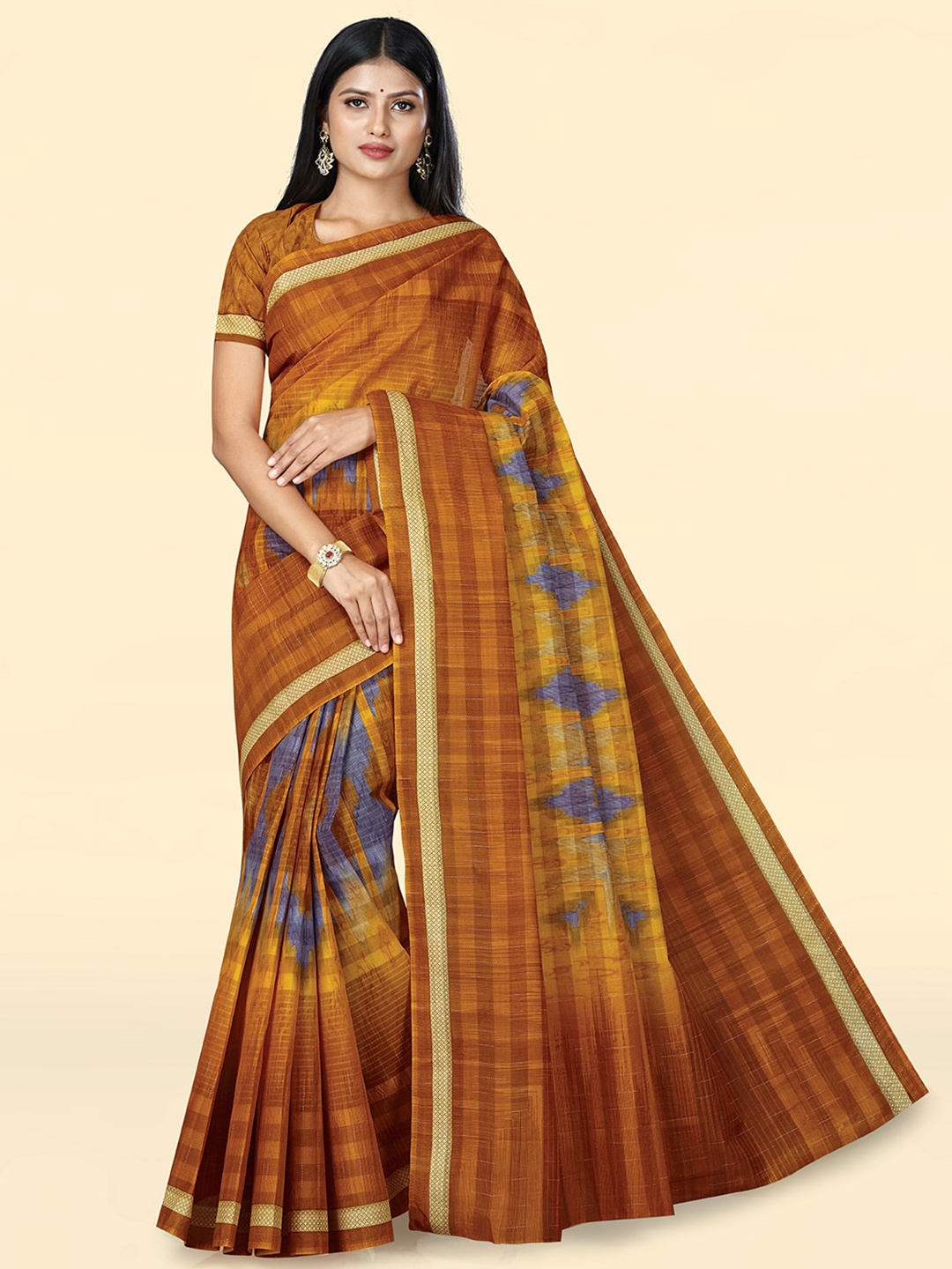 

SHANVIKA Geometric Printed Pure Cotton Block Print Saree, Orange