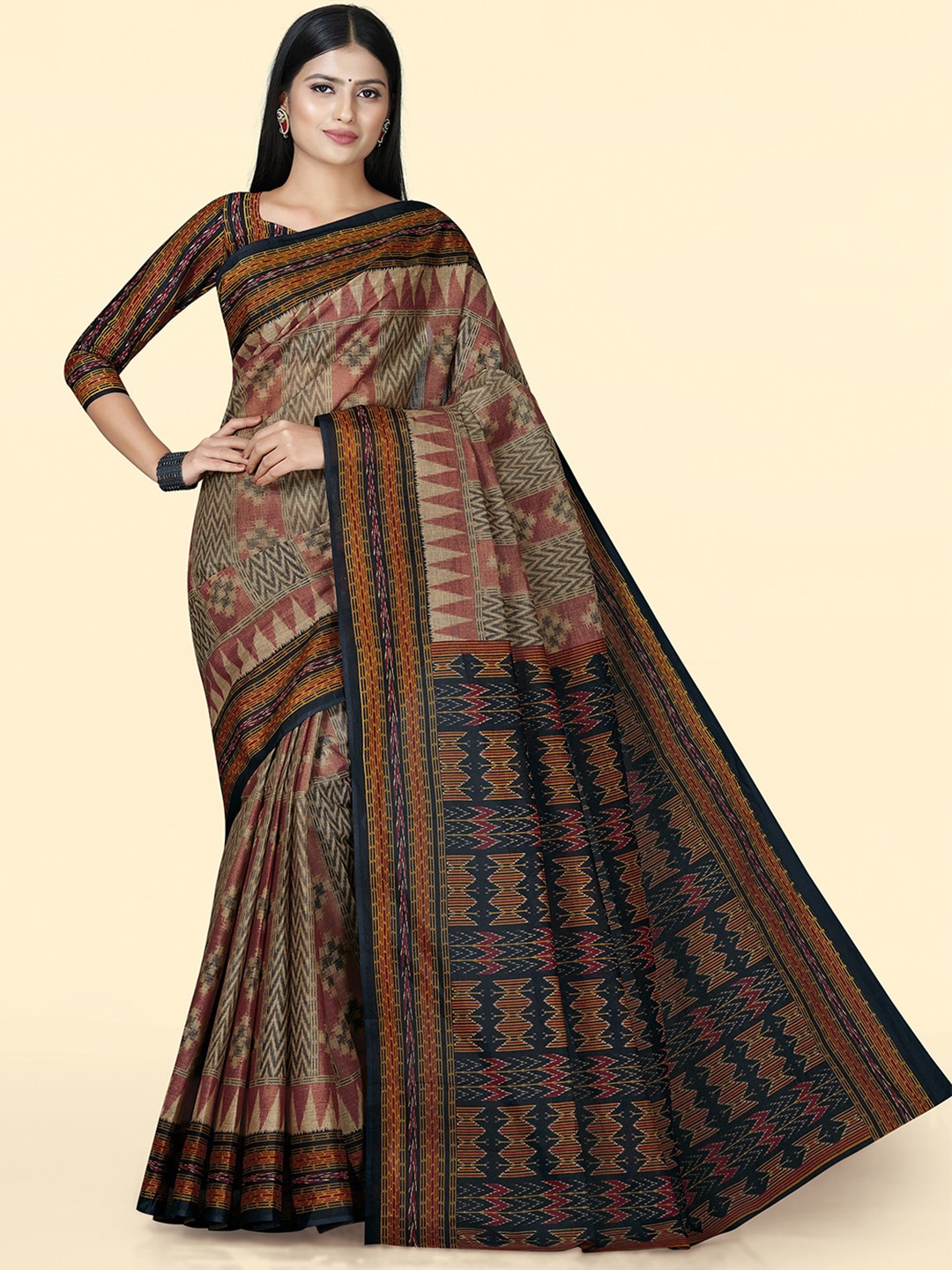 

SHANVIKA Ikkat Printed Pure Cotton Block Print Saree, Brown