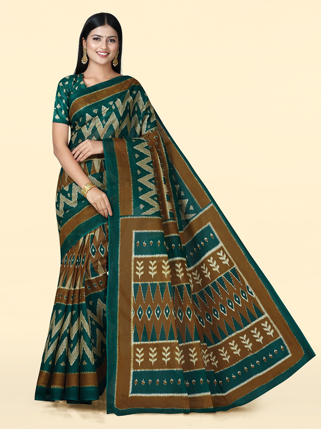 

SHANVIKA Pure Cotton Block Print Saree, Green