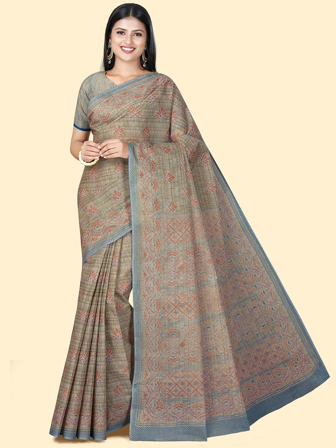 

SHANVIKA Ethnic Motifs Printed Pure Cotton Saree, Brown