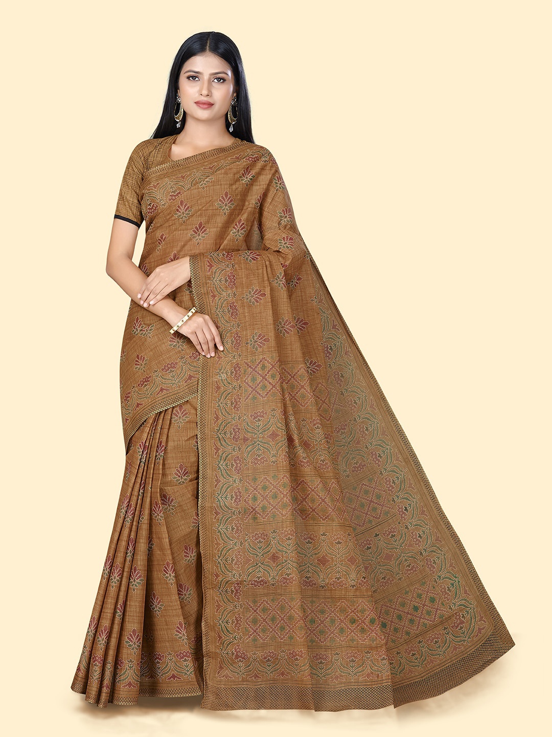

SHANVIKA Ethnic Motifs Embroidered Pure Cotton Block Print Saree, Rust