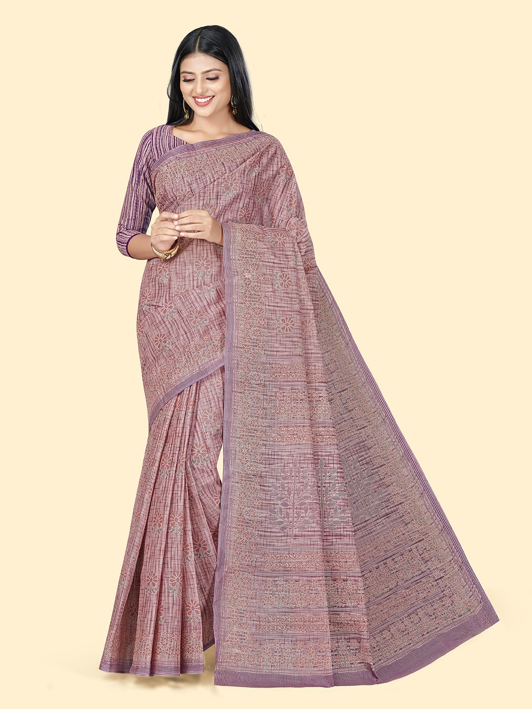 

SHANVIKA Floral Embroidered Pure Cotton Block Print Saree, Lavender
